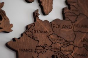 Wooden Map showing corner of UK and Europe